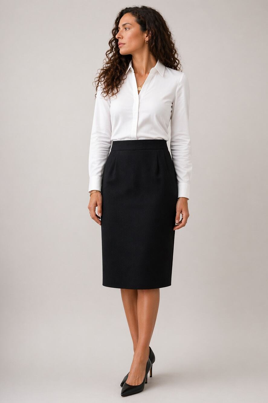 EVAN PICONE Black Wool Pencil Midi Skirt Classic Career Workwear Minimalist